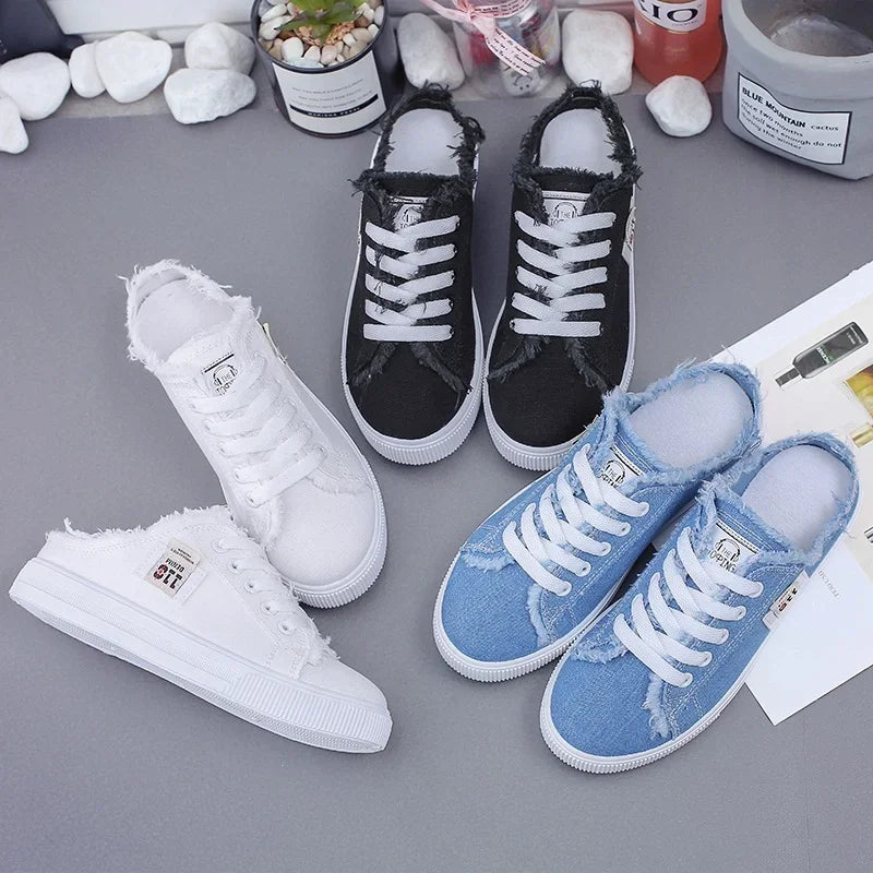 baskets plates femmes toile délavée lacets chaussures décontractées confortables été bleu noir