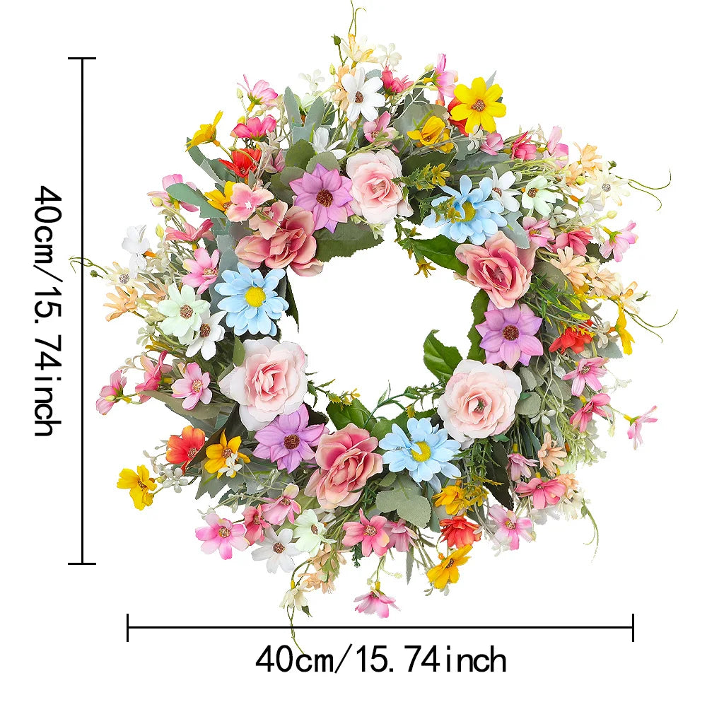 couronne florale artificielle fleurs variées feuilles vertes décoration intérieure printemps saint valentin pâques festive