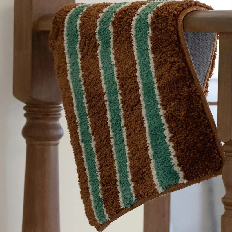 tapis rayé marron vert blanc moderne polyester imperméable lavable machine entrée couloir cuisine salle
