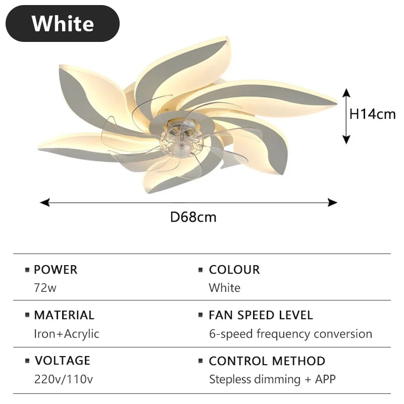 ventilateur plafonnier led moderne noir blanc feuilles stylisées six vitesses télécommande lumière variateur intensité