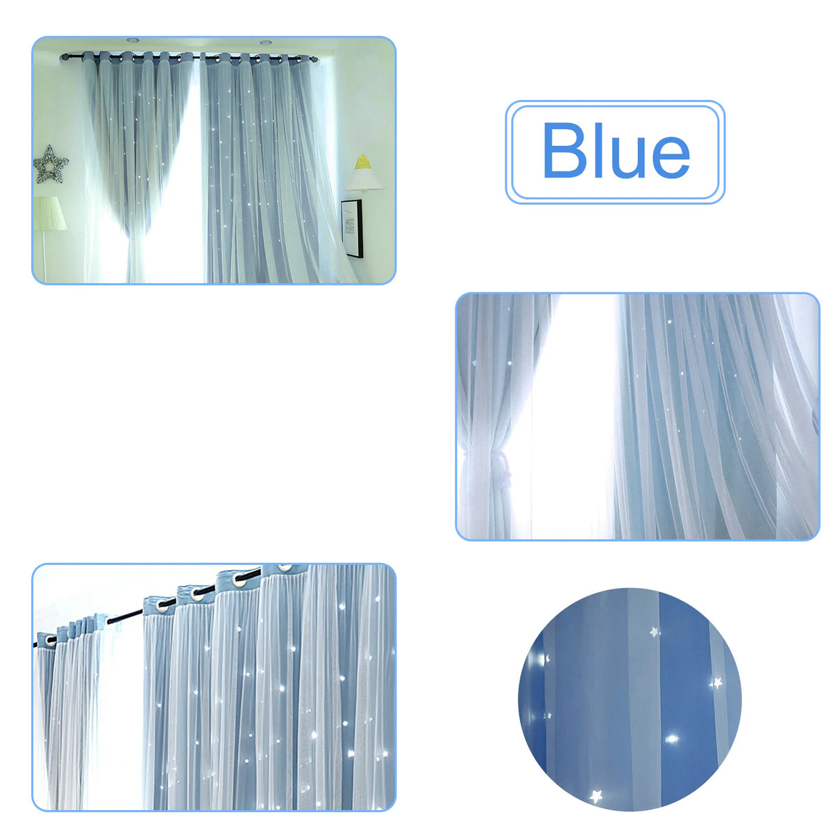 rideaux semi transparent étoiles découpées tissu plissé motif enfantin couleurs rose bleuclair