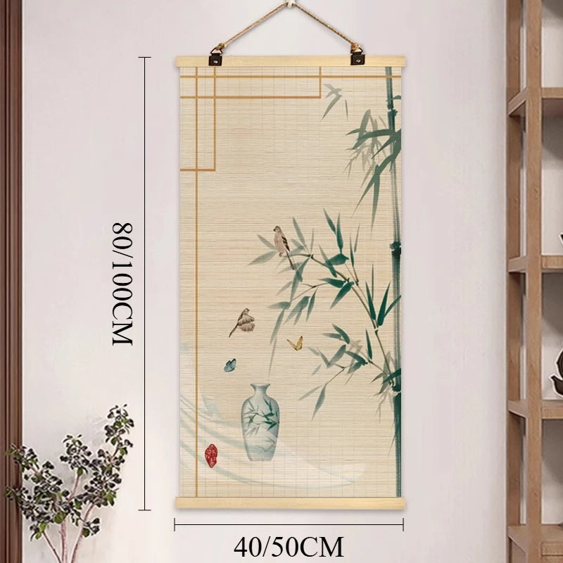 rideau rouleau bambou art traditionnel oriental fleurs oiseaux motifs crochets métalliques opaques entrée maison