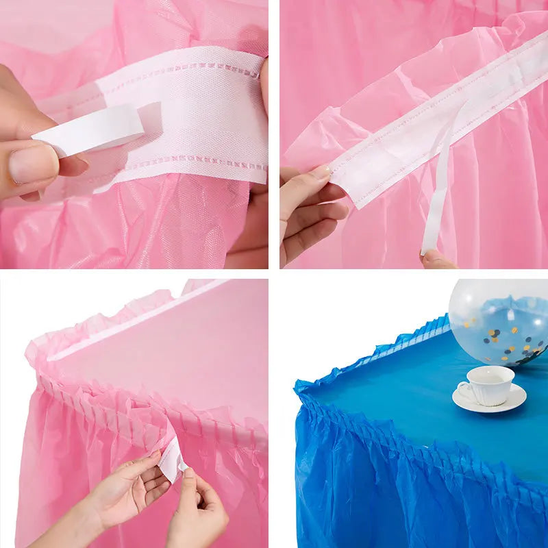 jupe table imperméable bleu clair rose bleu translucide plissée festive adhésive ruban adhésif