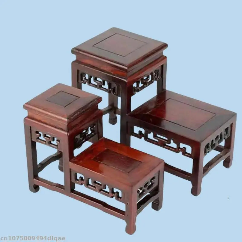 présentoir bois massif chinois vase figurine étagère artisanal décoration marron vernis brillant motifs découpés