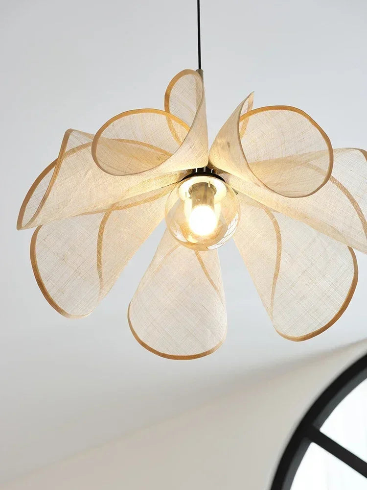 Suspension lumineuse tissu beige motif feuilles moderne opaque pendentif chambre salon étude