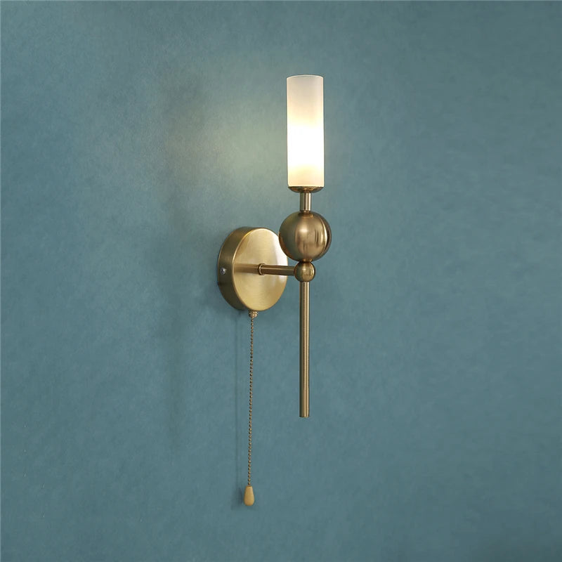 lampe murale moderne or noir sphères métalliques tube verre translucide pull chain switch fixée