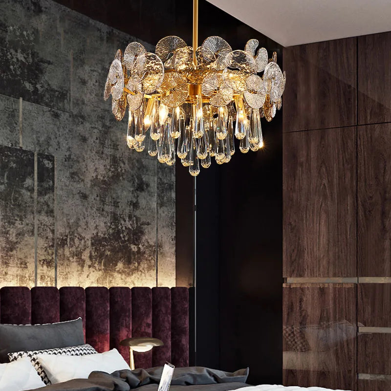 Suspension lumineuse moderne cristal doré transparent salon chambre 2000 82000 lumens