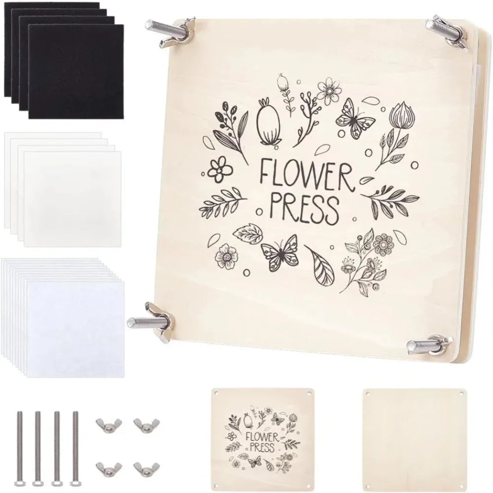 presse fleurs bois gravé rustique feuilles vis écrans feutre noir papier blanc