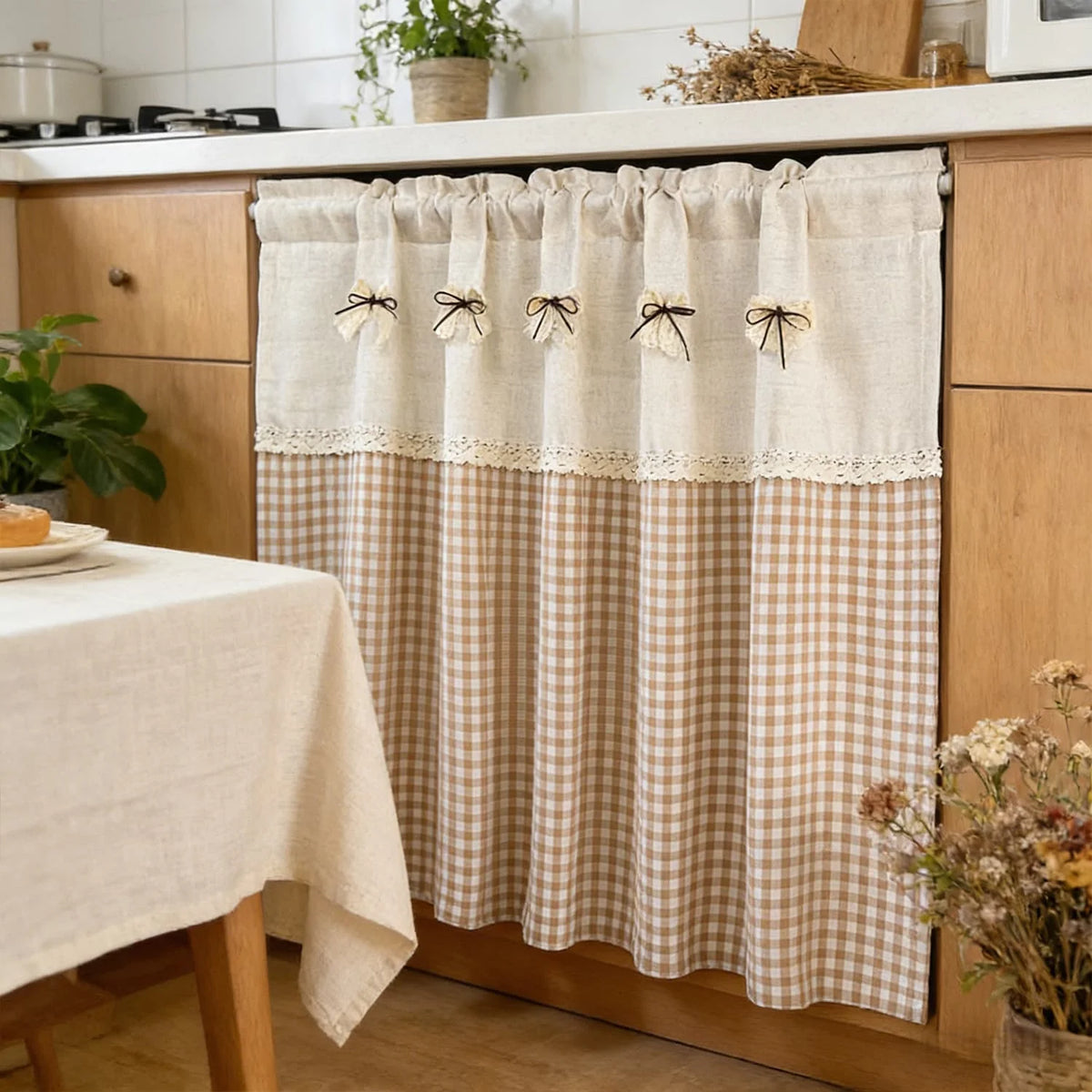rideau vintage rustique carreaux beige dentelle opacité cuisine decoration