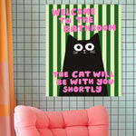 affiche moderne chat noir rayures vertes texte rose salle bain humoristique