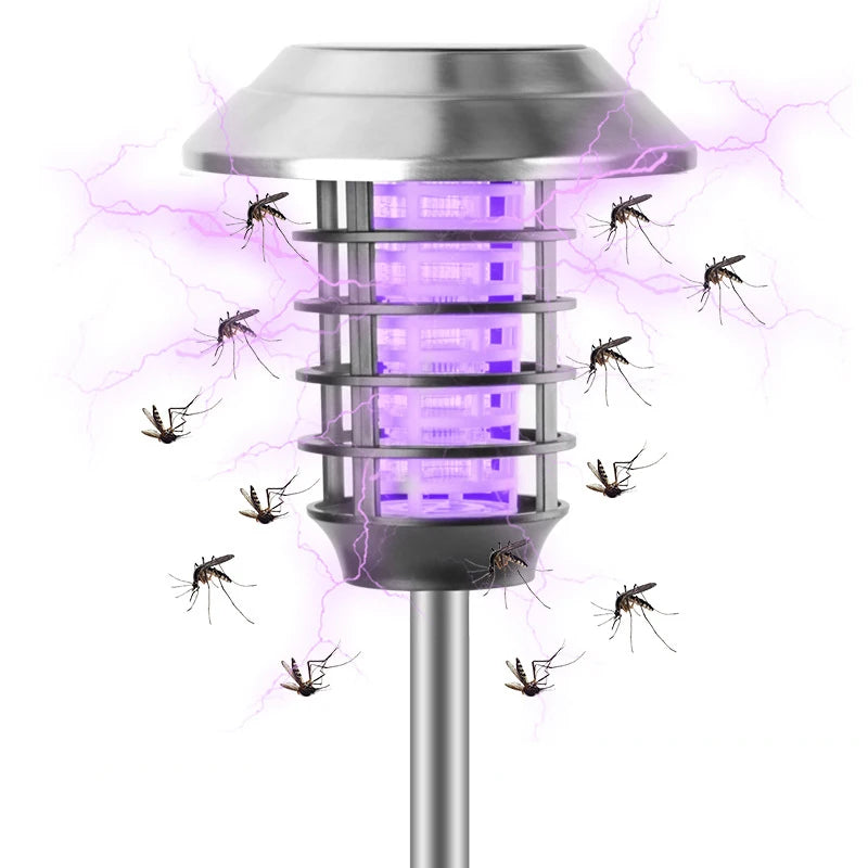 lampe anti moustiques solaire led noir argenté moderne panneau solaire grille métallique interrupteur étanche