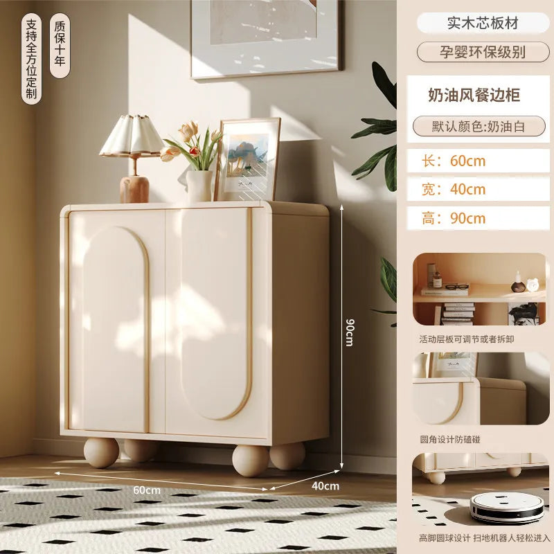 meuble rangement moderne bois motifs géométriques beige clair pieds ronds
