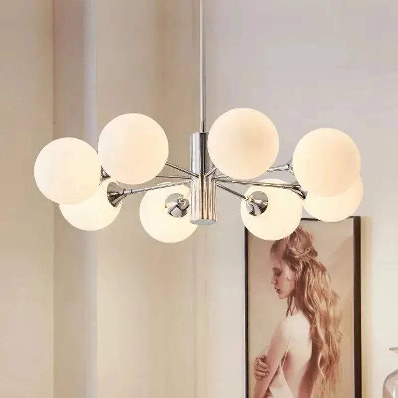 chandelier moderne minimaliste argenté blanc plusieurs têtes verre opalescent fixé réglable