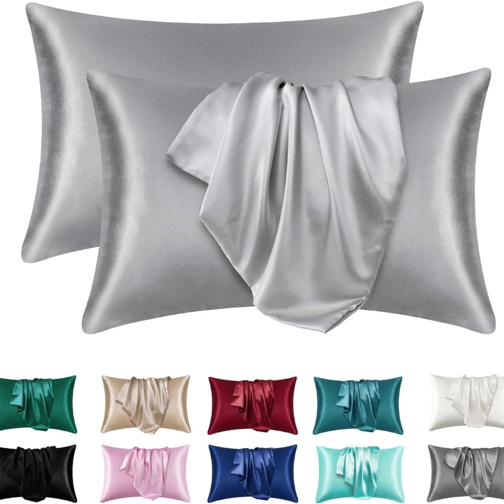 taies d'oreiller satinées polyester élégantes beige fixées cheveux peau respectueuses paires incluses