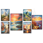 Superbes affiches de destinations de voyage évoquant les paysages emblématiques du Mexique, des États-Unis et du Pérou, avec des détails colorés et des scènes pittoresques.
