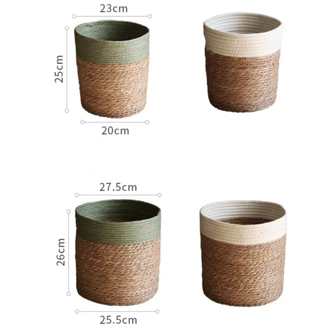 panier tressé fibre végétale réutilisable respectueux environnement pliable rangement vert beige rustic