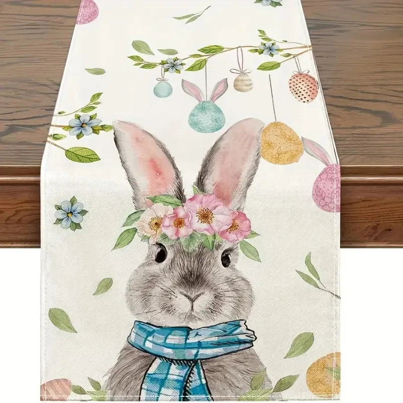 chemin table pâques lapins fleurs printemps jaune rose verte bleue pastorale imperméable polyester rectangle