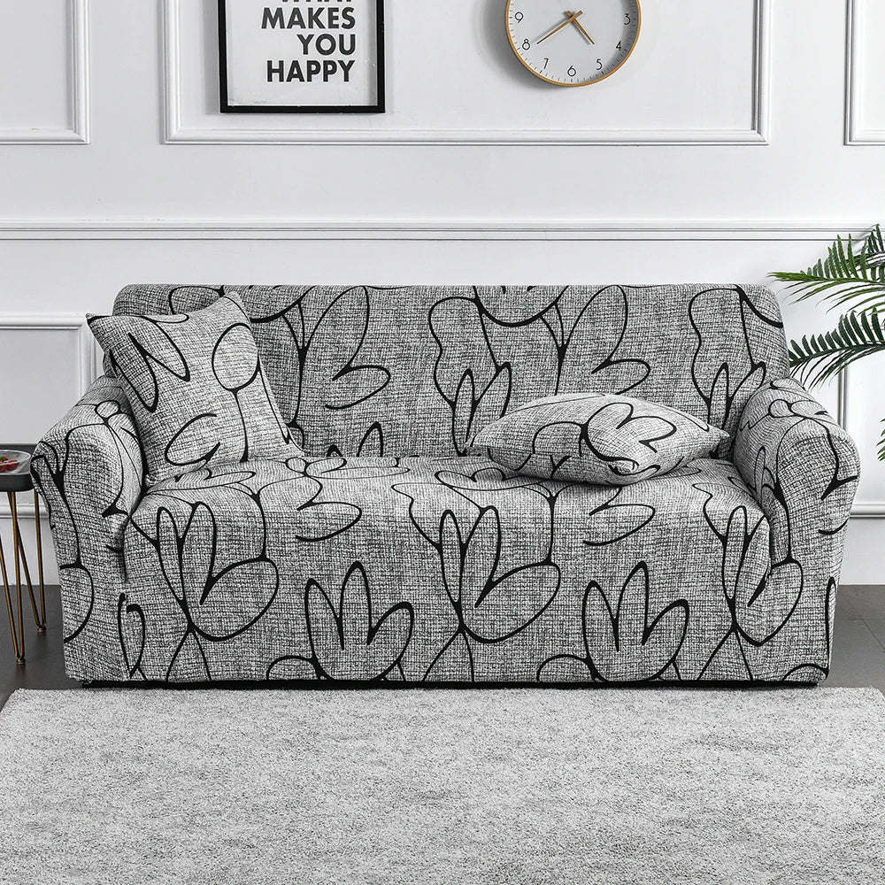 housse canapé motif floral gris clair moderne boutons fixations deux oreillers lavable machine
