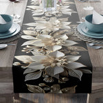chemin table moderne élégant fleurs stylisées noir blanc doré polyester imitation lin