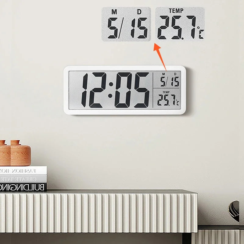horloge murale digitale affichage température date moderne minimaliste salon