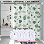 rideau douche feuilles tropicales blanc vert moderne opacité respectueux environnement cintres inoxydables