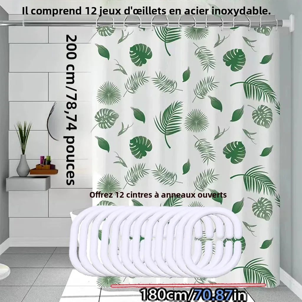 rideau douche feuilles tropicales blanc vert moderne opacité respectueux environnement cintres inoxydables