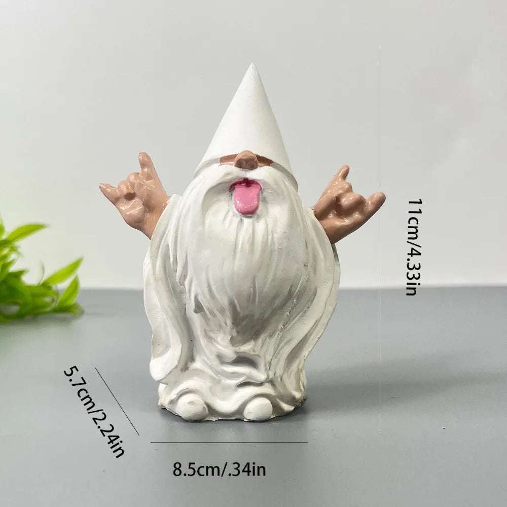 statue gnomes decoratifs resine blanche langue rose barbe cheveux chapeau pointu humoristique rocker vase