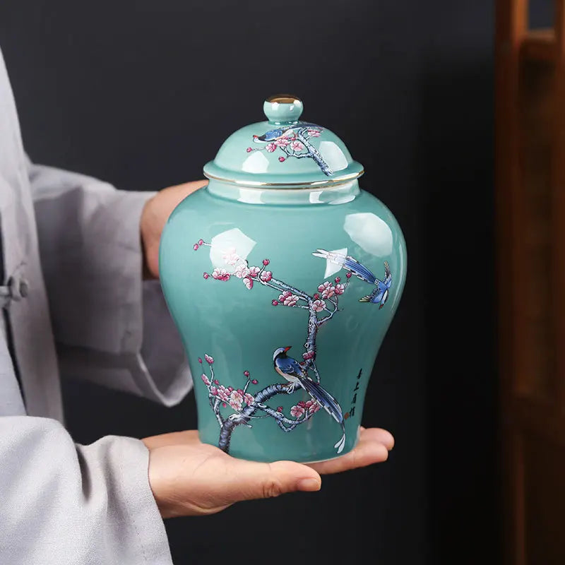 pot thé céramique artisanal fleurs oiseaux peintes main vert clair traditionnel couvercleDecorationMaisonVaseFleurs
