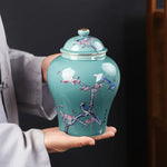 pot thé céramique artisanal fleurs oiseaux peintes main vert clair traditionnel couvercleDecorationMaisonVaseFleurs
