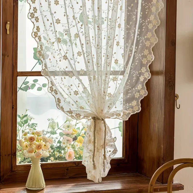 rideau blanc fleurs dorées dentelle transparent vintage romantique fenêtre plate polyester