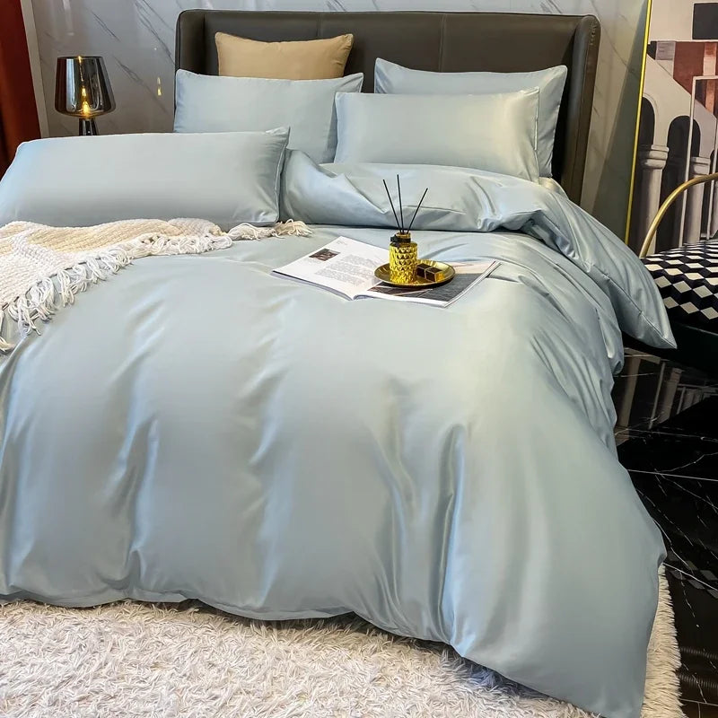 ensemble literie couleur bleue moderne couverture taies oreiller satinées