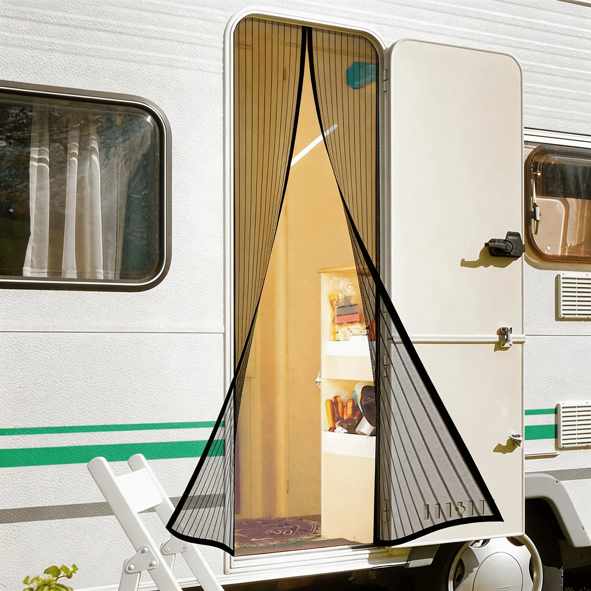 rideau porte noir transparent rayures verticales moderne velcro fixations inclusées camping car