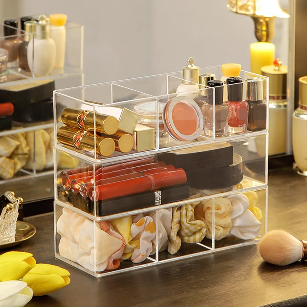 boîte rangement transparente moderne maquillage compartiments poudre compacte vernis rouge lèvres palette blush crème
