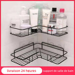 étagère salle bain moderne adhésive noir grille métallique rangement bouteilles cosmétiques flacons pots boîtes