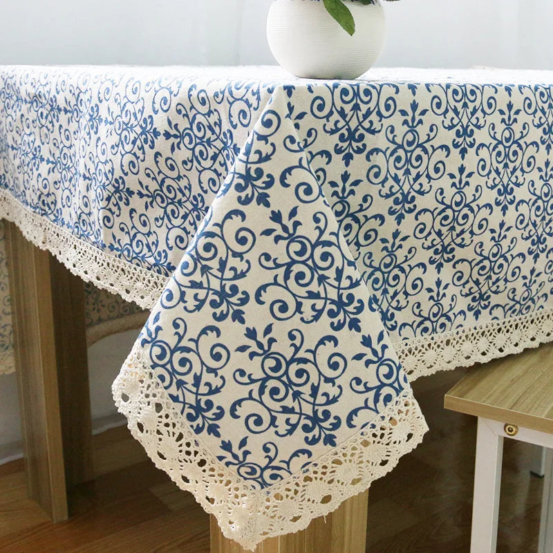 nappe lin bleu blanc motif floral traditionnelle table maison extérieure mariage fête decoration chinois