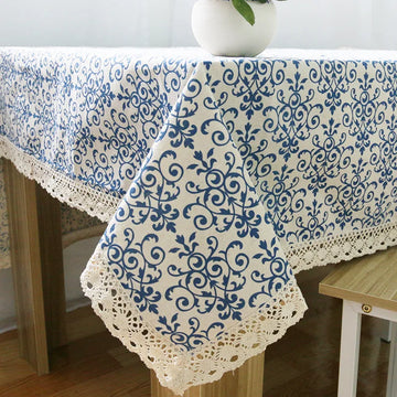 nappe lin bleu blanc motif floral traditionnelle table maison extérieure mariage fête decoration chinois