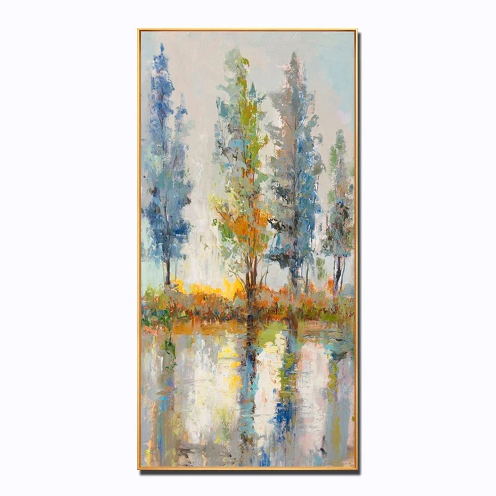 tableau abstrait paysage arbre bleu vert jaune blanc gris moderne sans cadre toile peinture
