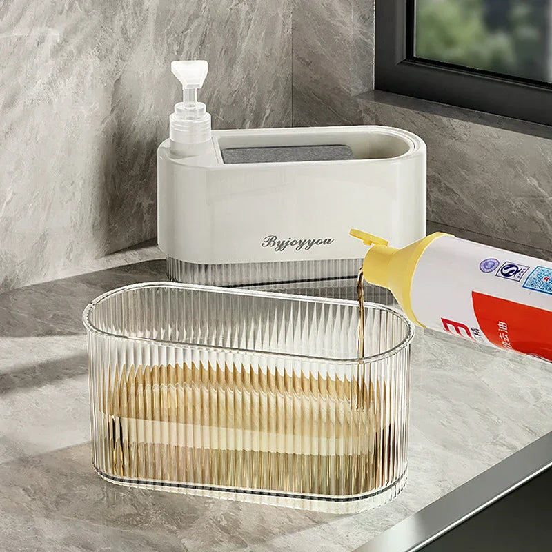 distributeur savon liquide blanc moderne adhésif transparent strié éponge cuisine