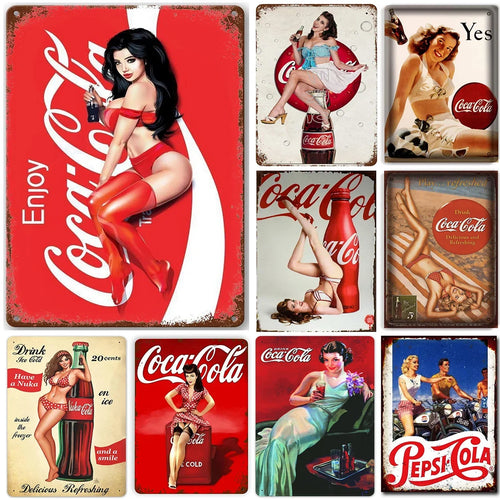 plaque publicitaire metal vintage retro coca cola pin up decoration murale cuisine cave homme