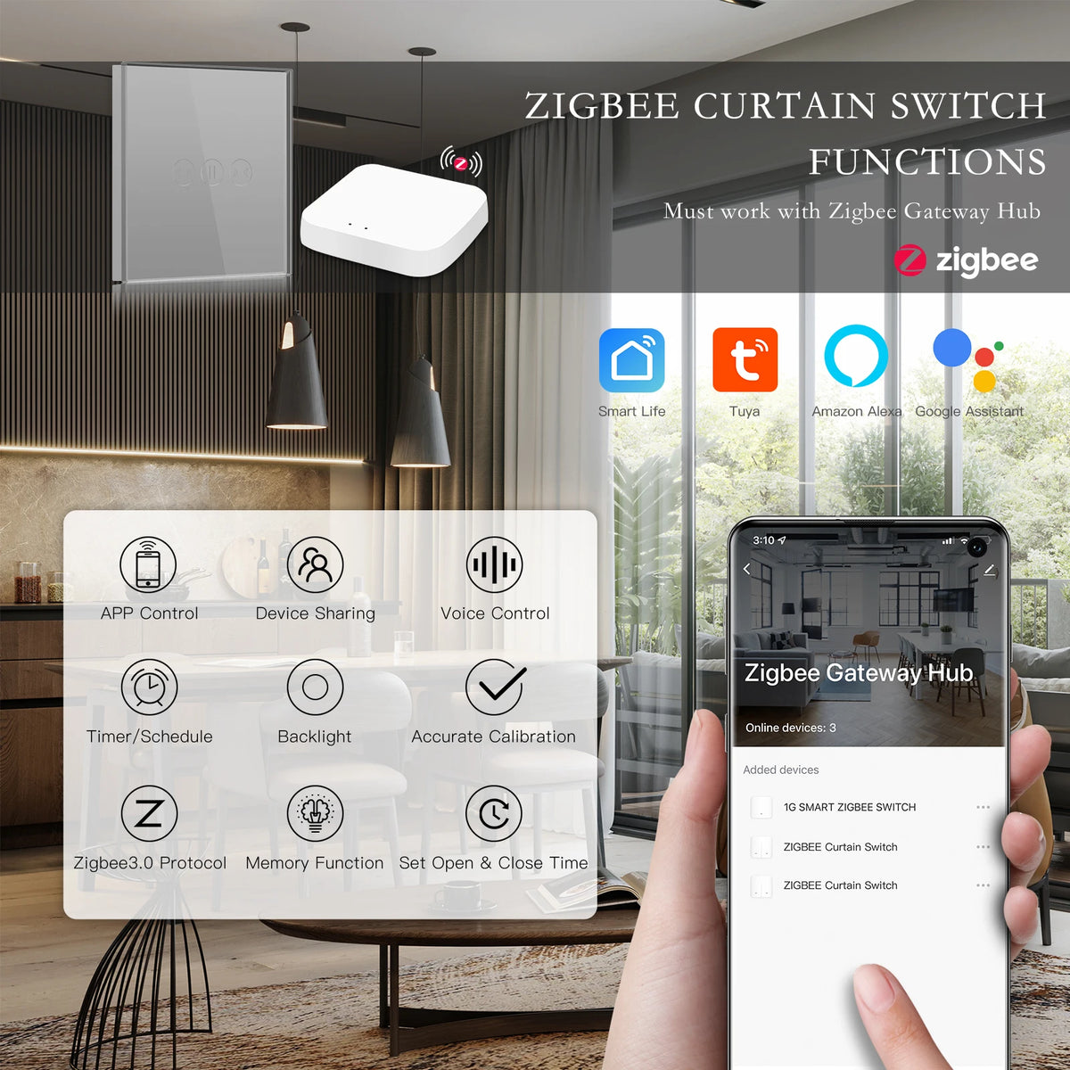 commutateur rideau zigbee intelligent commande vocale application blanc moderne 5a 1000w 90v 250v
