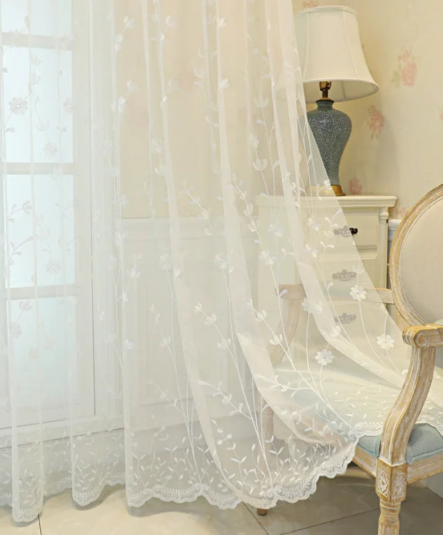 rideau blanc fleurs brodées tulle polyester classique translucide salon chambre