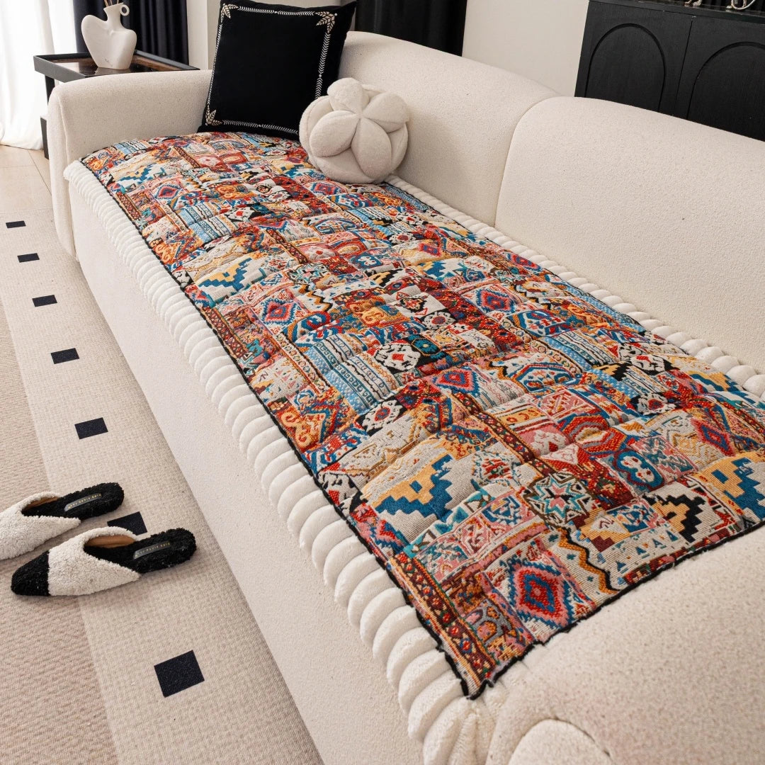 coussin canapé patchwork boho multicolore fourrure bordure épaisse coton polyester lavable printemps été salon
