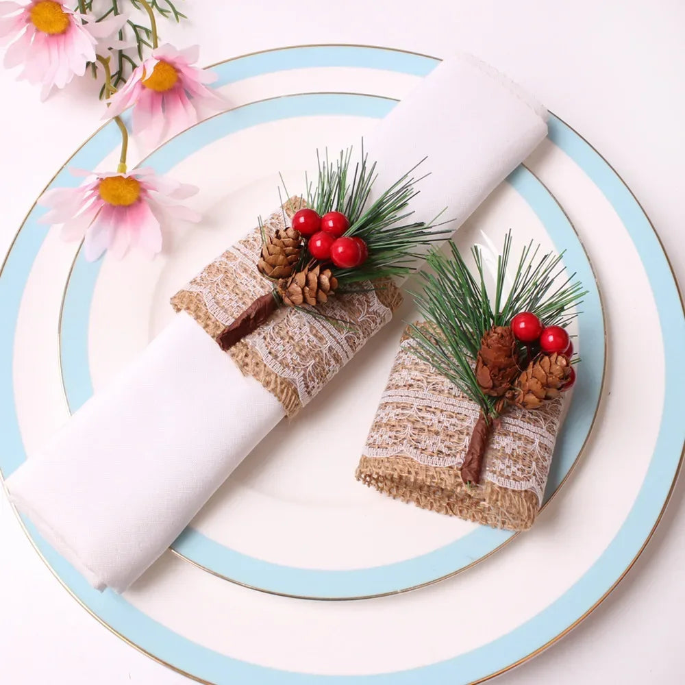 porte serviettes decoratifs burlap dentelle noel branches sapin pommes rouges cones pin festive rustic
