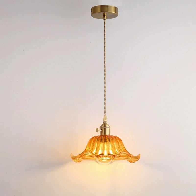 suspension lumineuse vintage transparente motifs floraux vert orange bleu