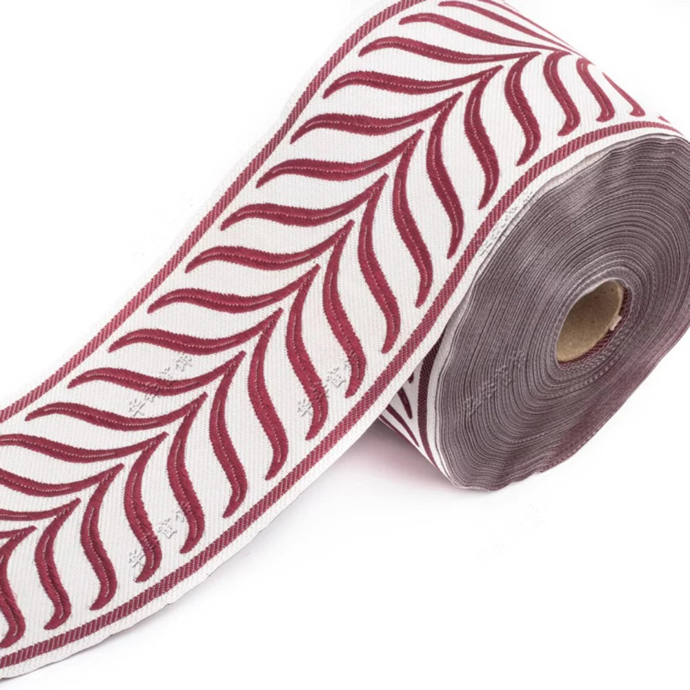 ruban polyester 8.5cm large motif géométrique moderne fixation blanc marron decoration sac costume