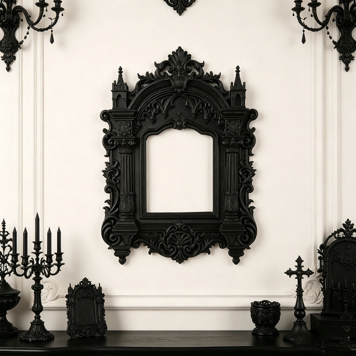 cadre miroir noir baroque ornements complexes décoration intérieure vintage fixations invisibles collection ornementale plastique
