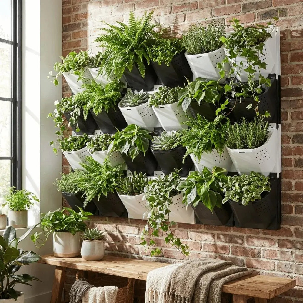 pots fleurs murales perforées noires blanches modernes clips auto arrosantes empilables