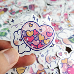 stickers kawaii cartoon adhésifs dessins animés coeurs fruits blanc bleu rose verte noire gris