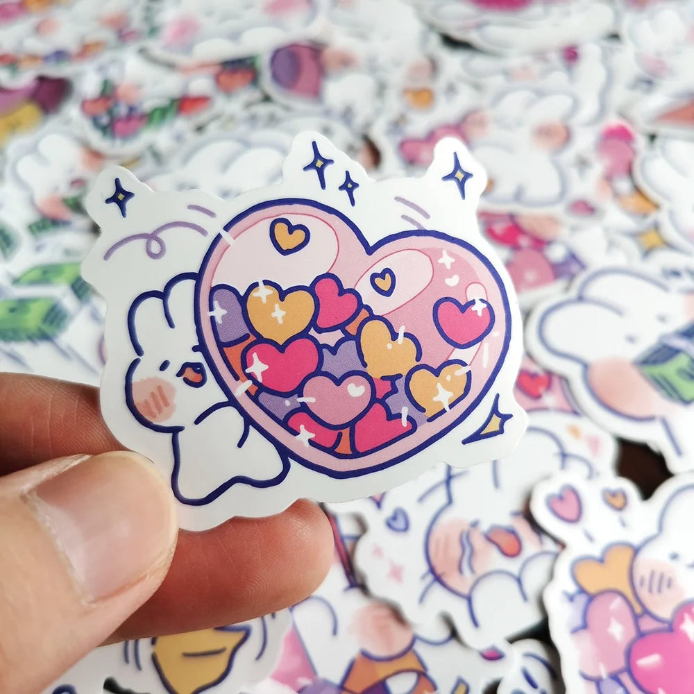 stickers kawaii cartoon adhésifs dessins animés coeurs fruits blanc bleu rose verte noire gris