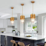suspension lumineuse moderne or noir cristal led rayures horizontales verre transparent élègante chaîne métallique